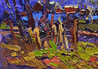Oil painting Moonlight blue by Oksana Ivanyuk: stylized forest in blue, green, brown