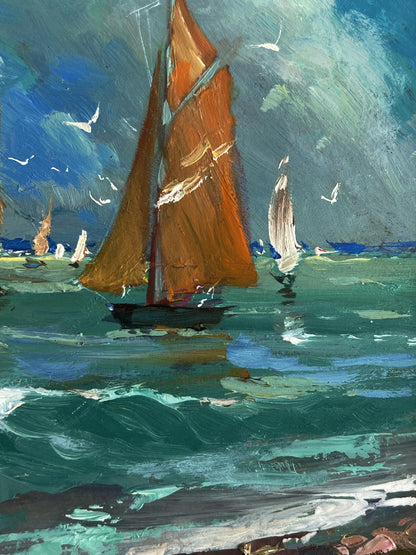 Oil painting of vibrant orange sailboat by Yuriy Suprunchuk at sea