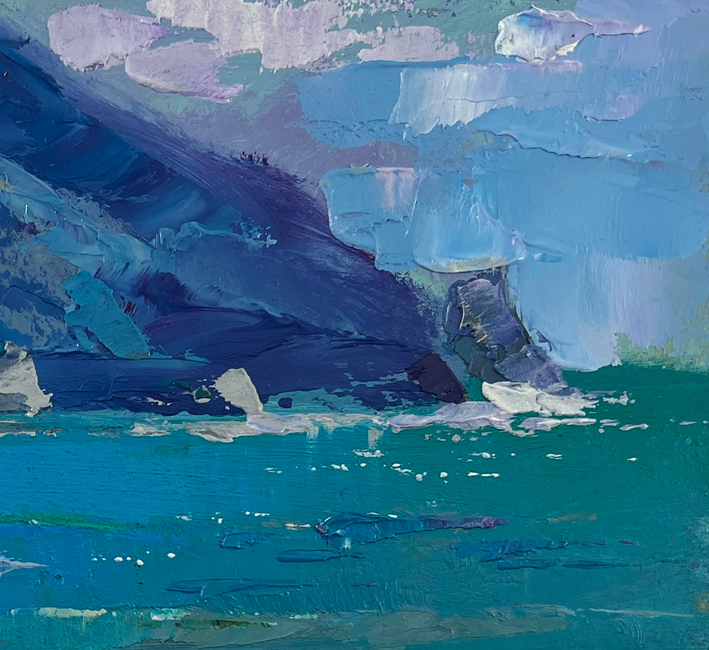 Textured impressionist oil painting of sea and mountains fusion by Yuriy Suprunchuk
