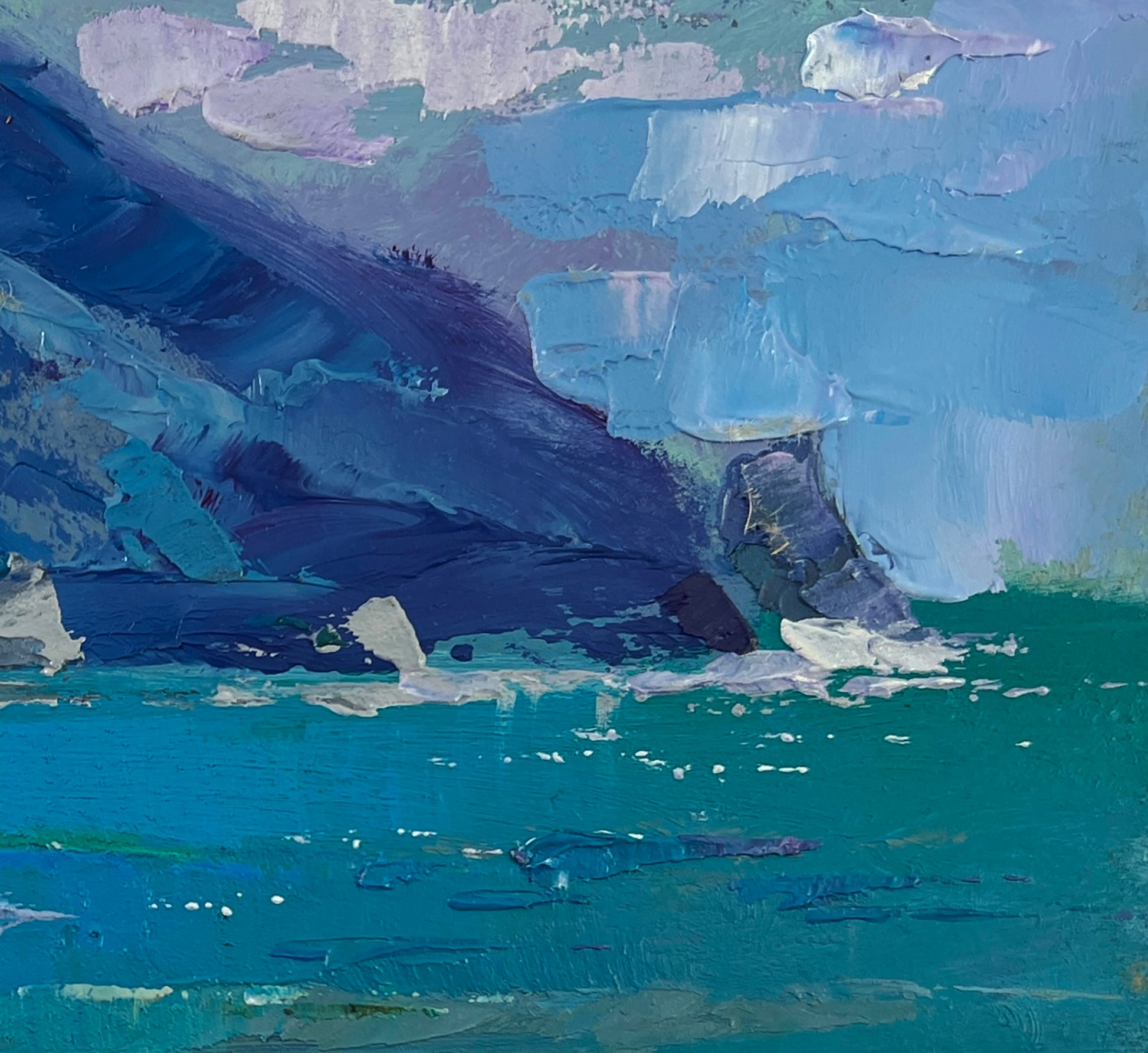 Textured impressionist oil painting of sea and mountains fusion by Yuriy Suprunchuk