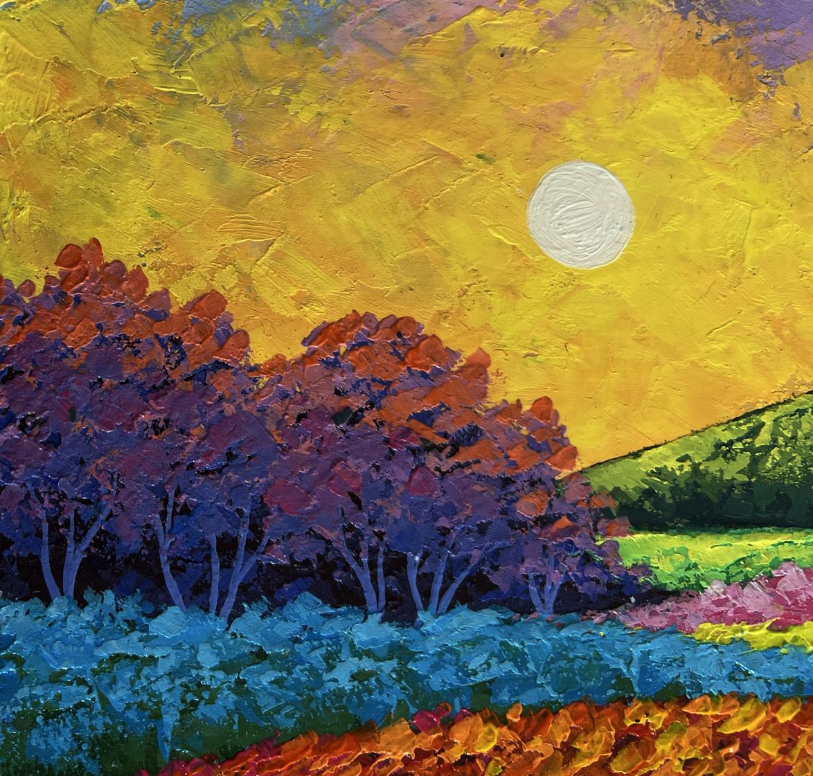 Vibrant impressionist oil painting of spring fields in sunset light by V. Zadorozhnya