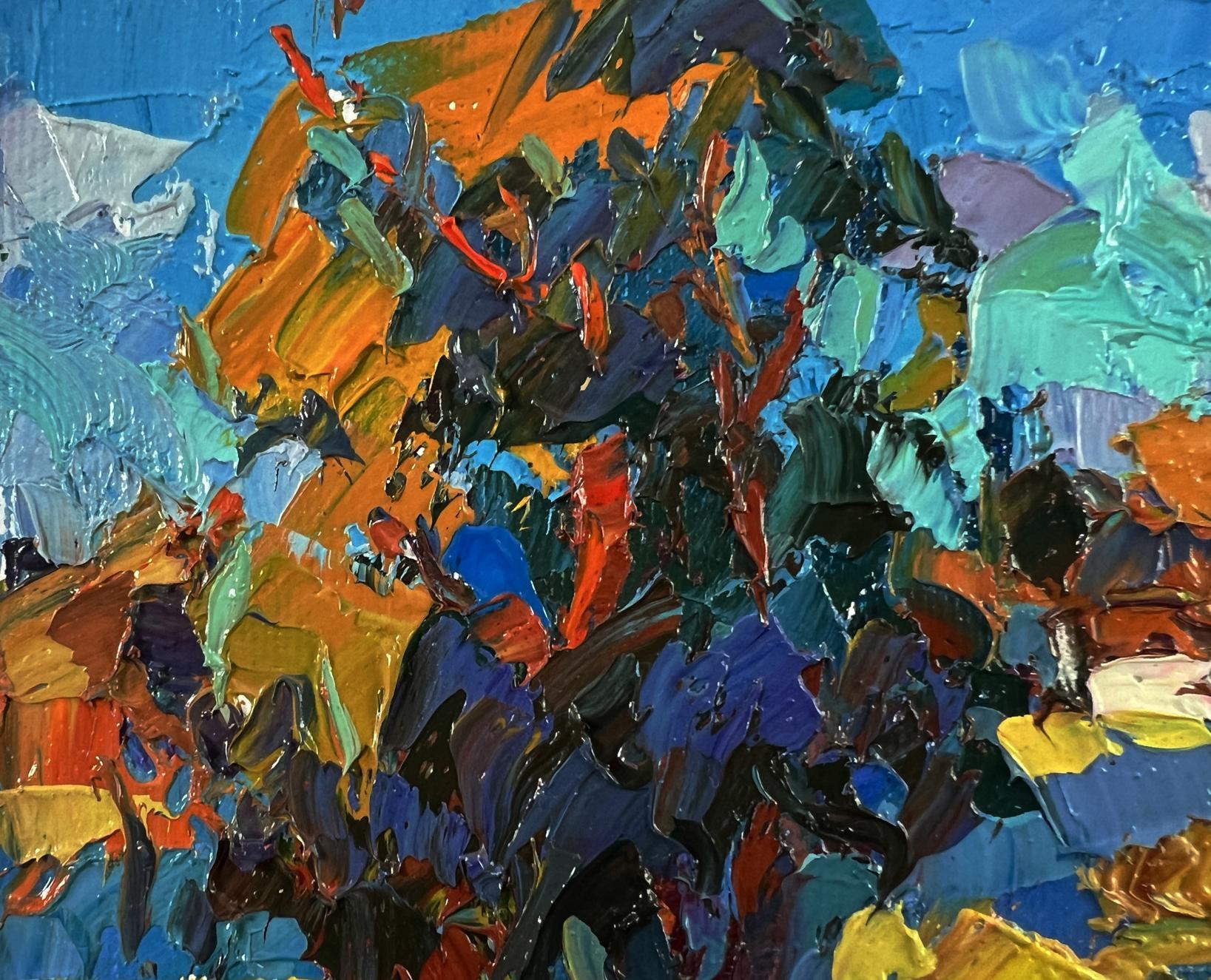Vibrant oil painting Hot summer days by Oksana Ivanyuk in bold blues oranges greens reds