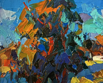 Vibrant oil painting Hot summer days by Oksana Ivanyuk in bold blues oranges greens reds