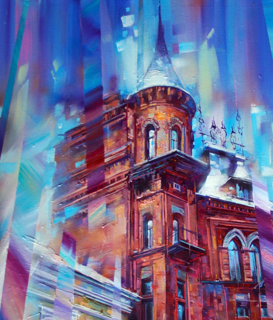 Oil painting of Barons House by Alexander Dobrodiy, vibrant impressionistic red brick building with ornate details and spire