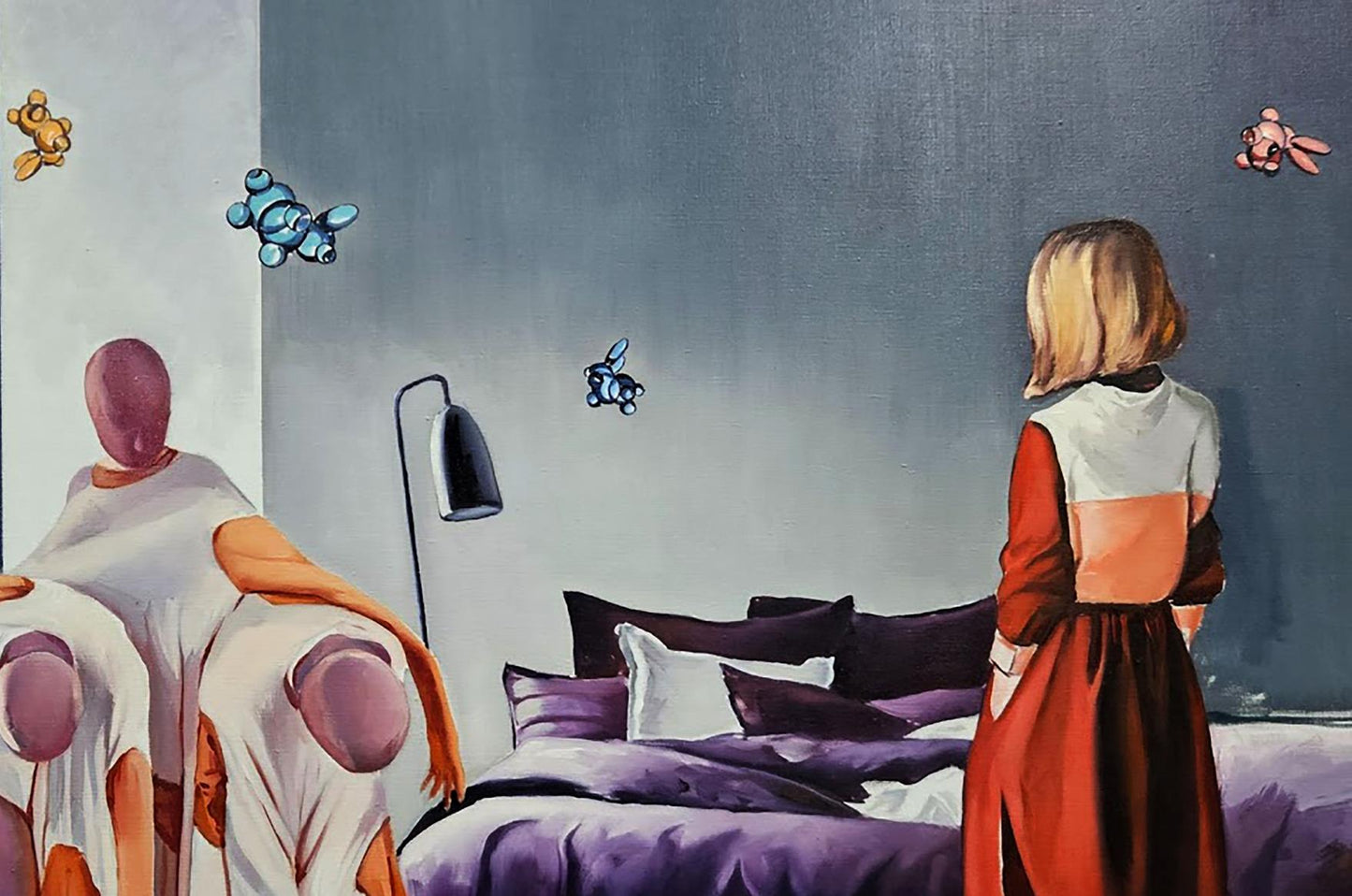 Oil painting by Igor Konovalov: young girl in red white dress by bed