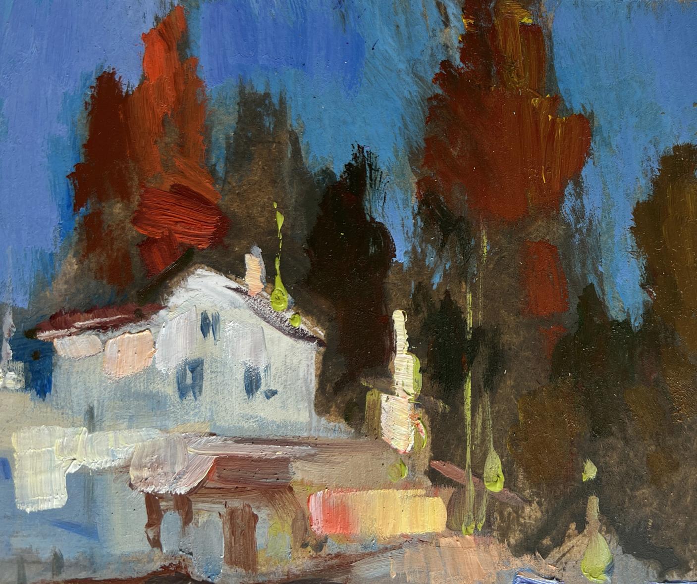 Impressionistic oil painting of white house with red roof by Yuriy Suprunchuk