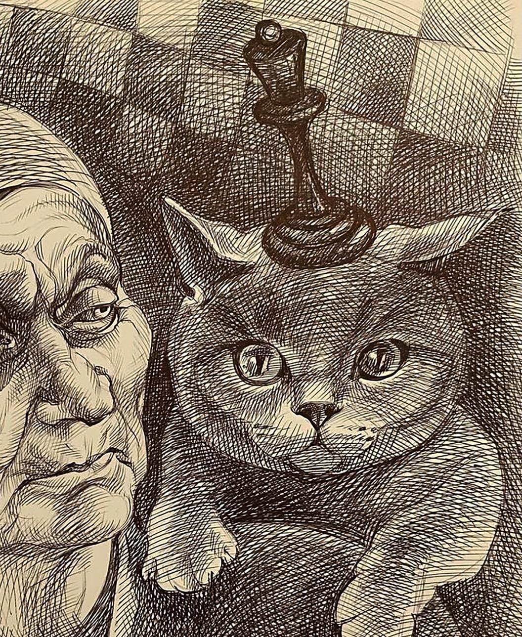 Pen painting of gray cat with wide eyes and chess king by Natalia Bulat