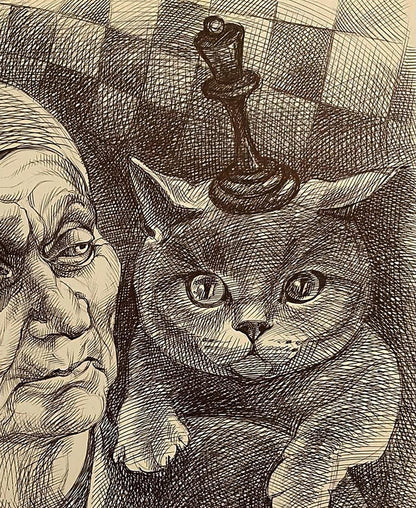 Pen painting of gray cat with wide eyes and chess king by Natalia Bulat