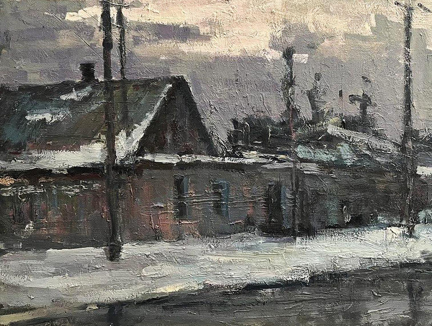Oil painting Snowy street by Volodymyr Pashchenko, textured village scene