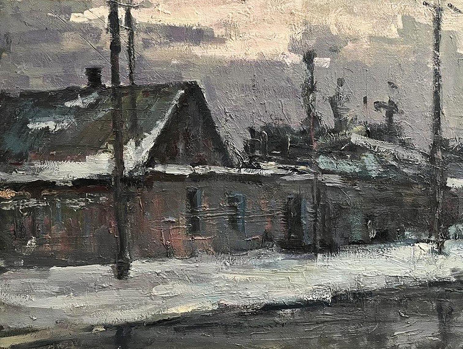 Oil painting Snowy street by Volodymyr Pashchenko, textured village scene