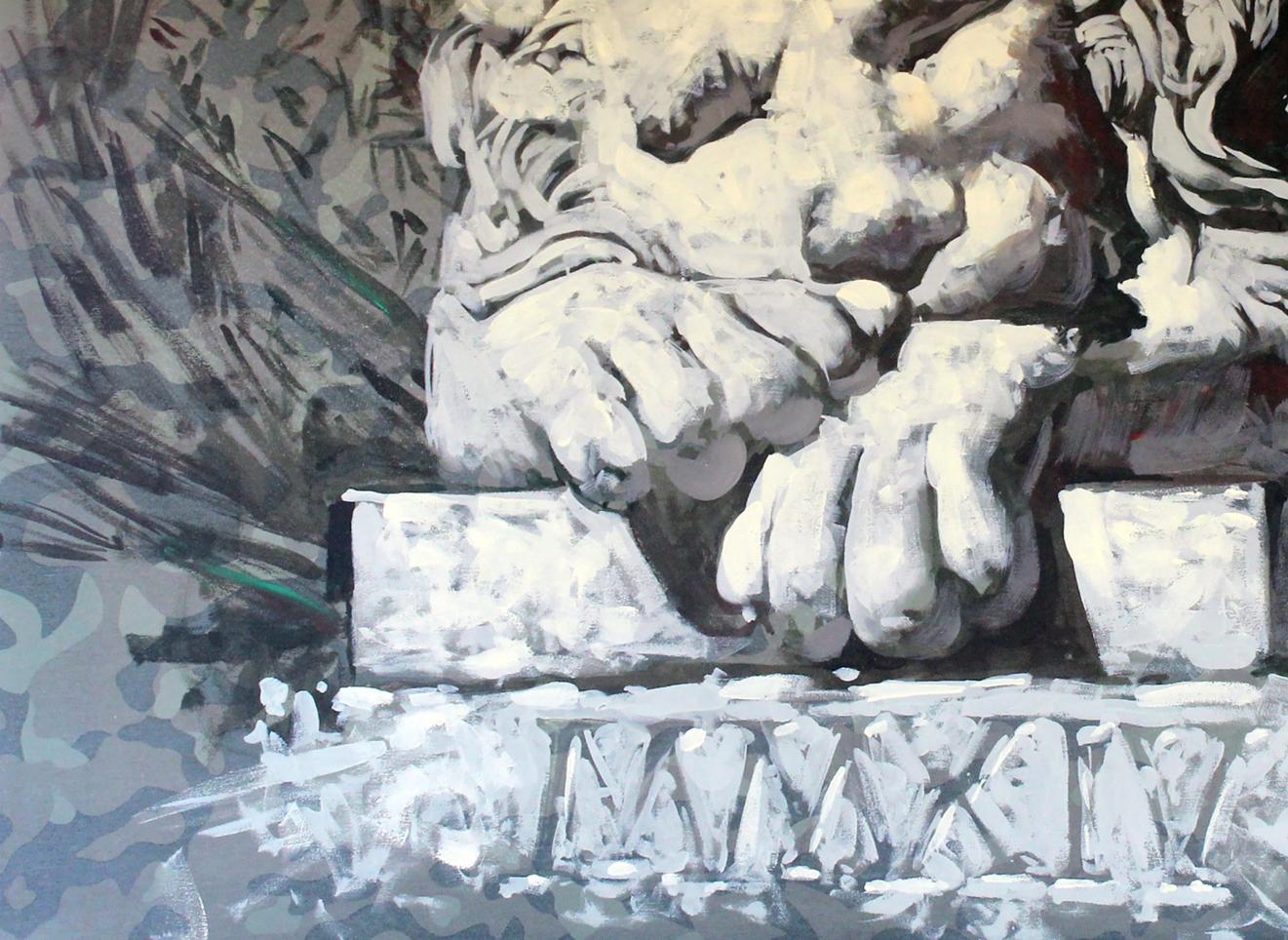 Detailed stone sculpture of muscular hands gripping block by Sleep Ed Potapenkov