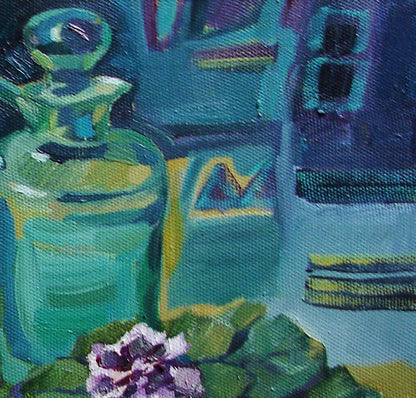 Oil painting still life with translucent green glass perfume bottle by Tatyana Shulyak