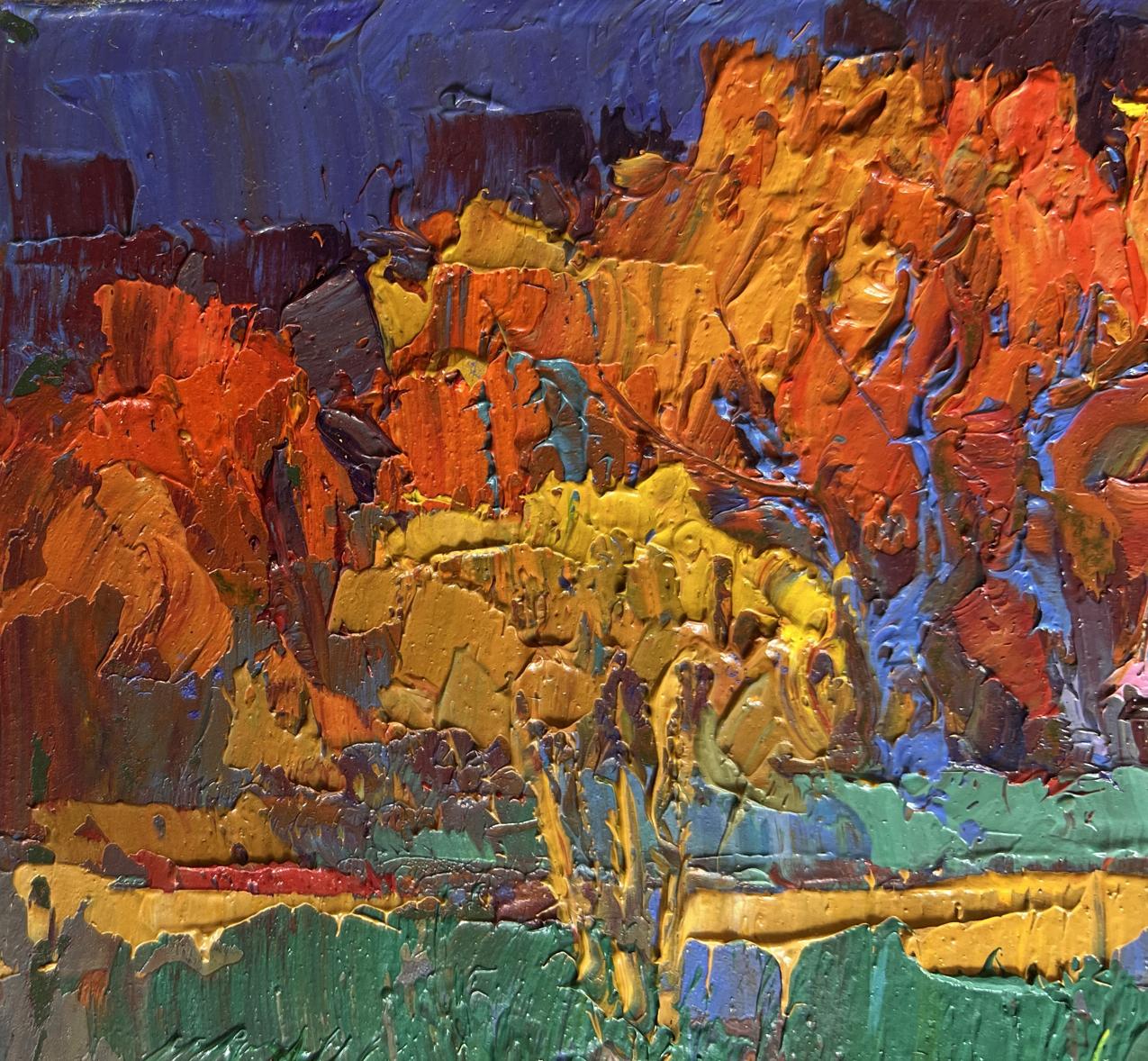 Vibrant impressionist oil painting Crimson autumn in the village by Oksana Ivanyuk