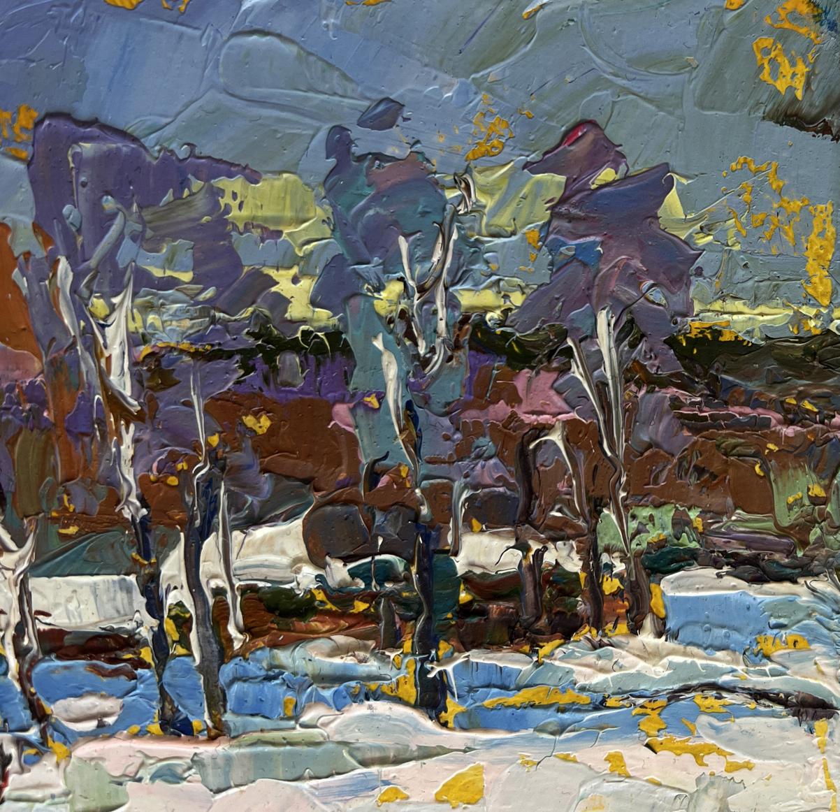 Oil painting Returning home with hay by Oksana Ivanyuk with stylized trees