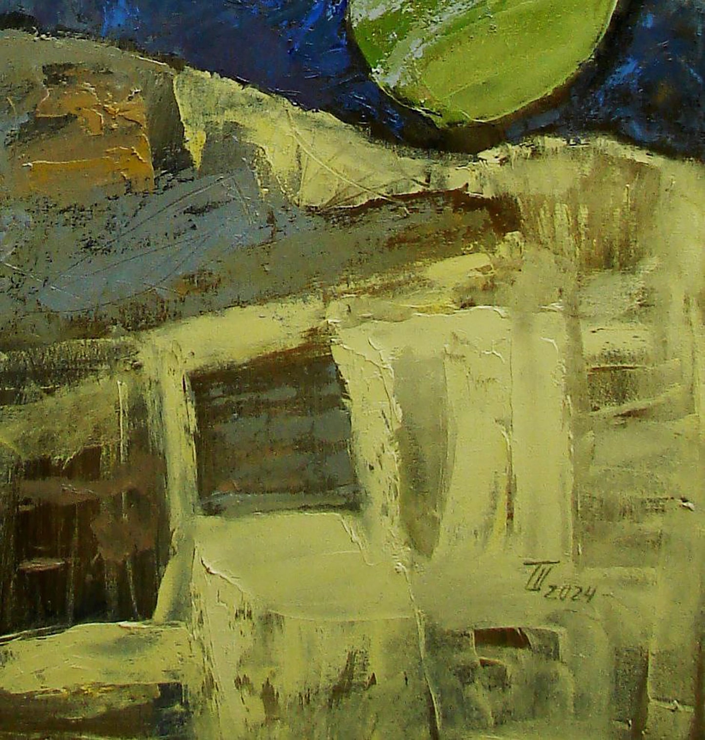Abstract oil painting Big Fish by Tatyana Shulyak in yellow, blue, green