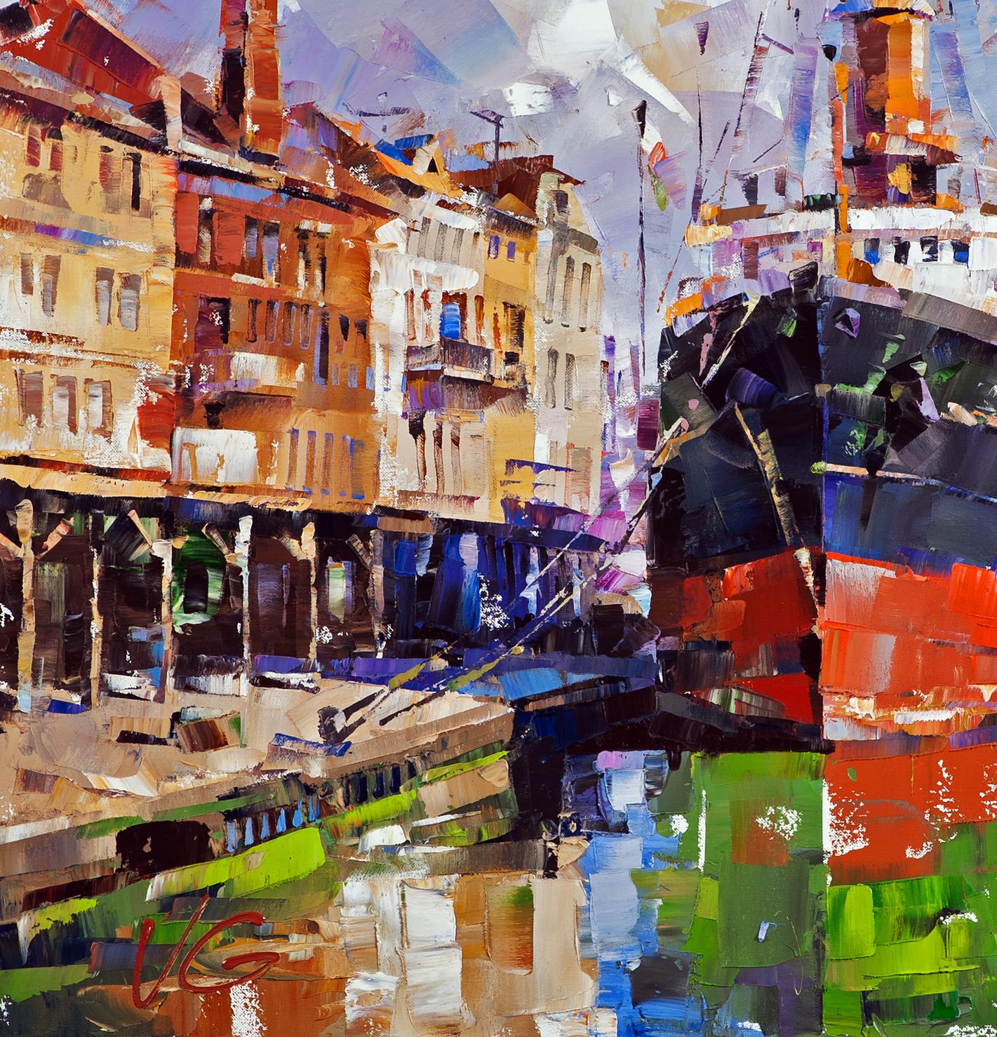 Vibrant oil painting Between Two Banks by Volodymyr Gluhomanyuk canal scene