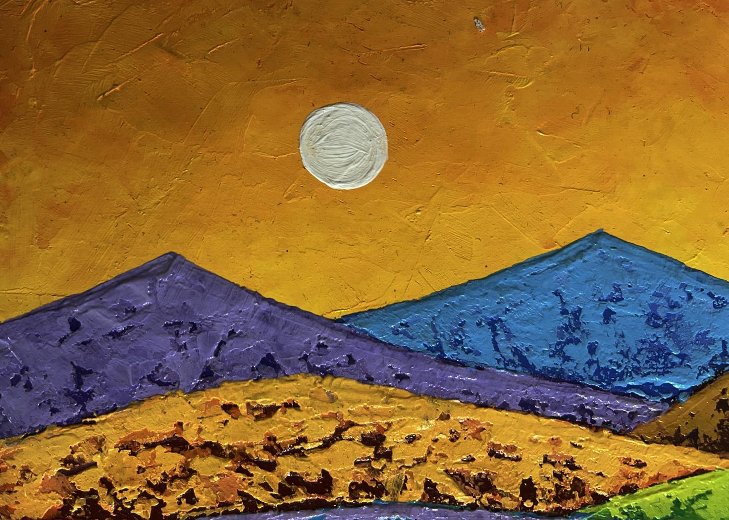 Oil painting by V. Zadorozhnya: purple blue mountains under golden sky sun