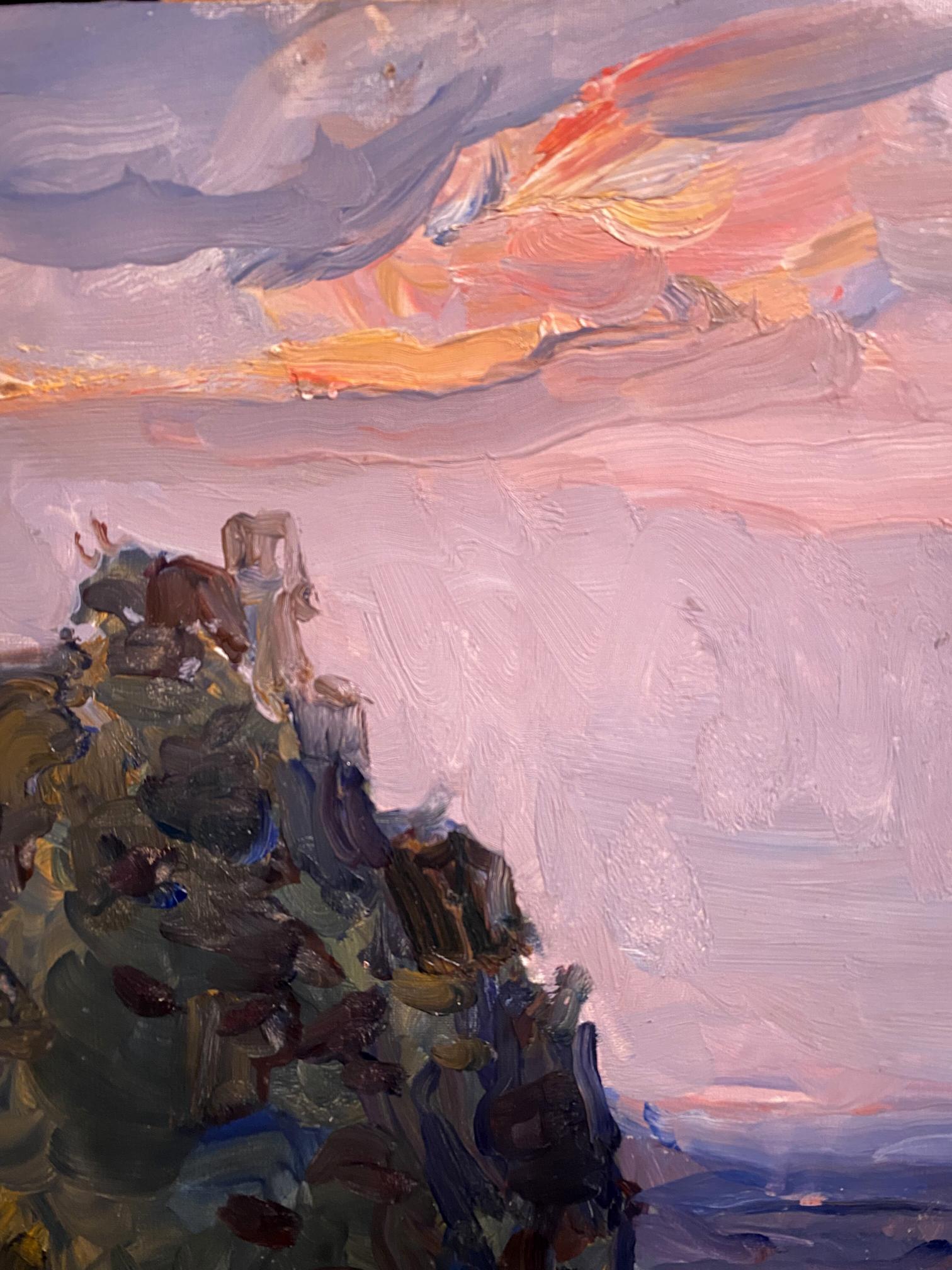 Oil painting Near the Sea by Leonid Chernov: rugged cliffside under vibrant sky