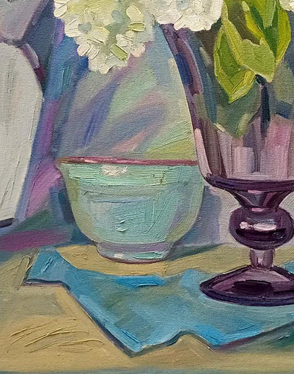 Oil painting Hydrangea by Tatyana Shulyak with light green vase