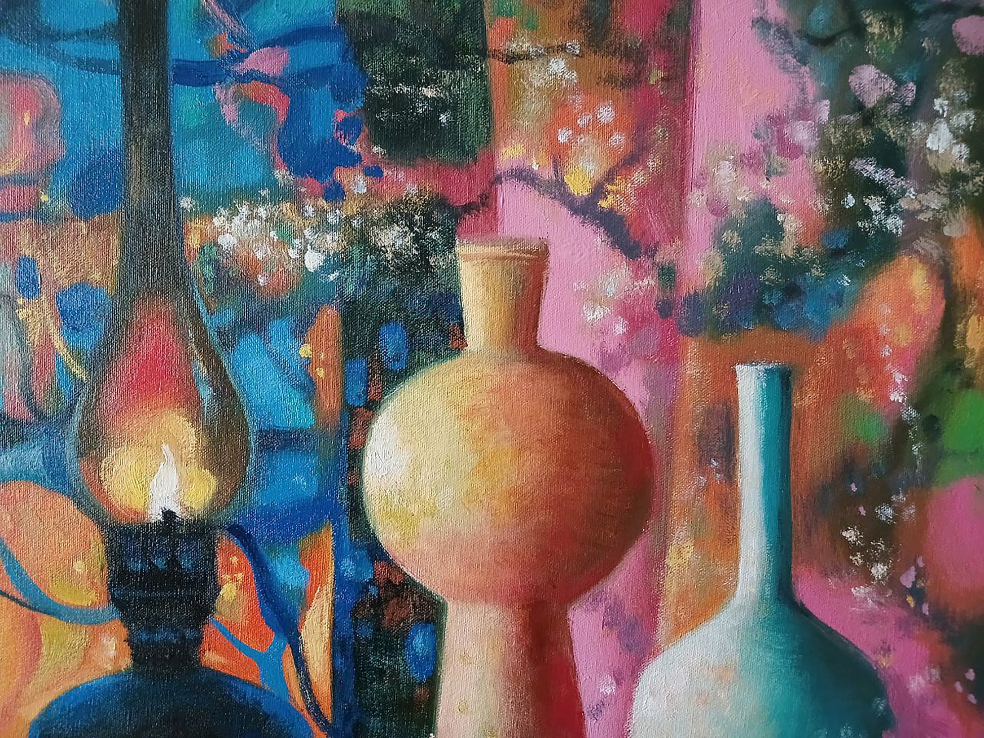 Terracotta ceramic vase in Anatoly Tarabanov oil painting lamps and apples scene