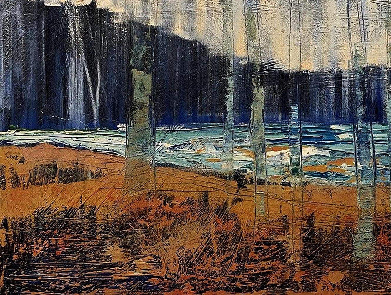 Oil painting glass landscape by Serhiy Kovalev with abstract blues and greens