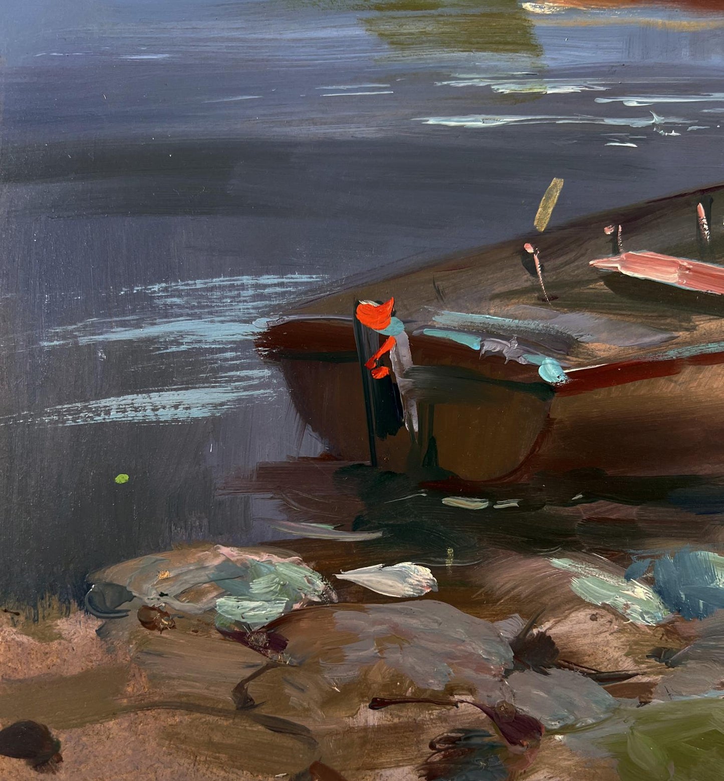 Oil painting of rustic wooden boat in Venice by Yuriy Suprunchuk