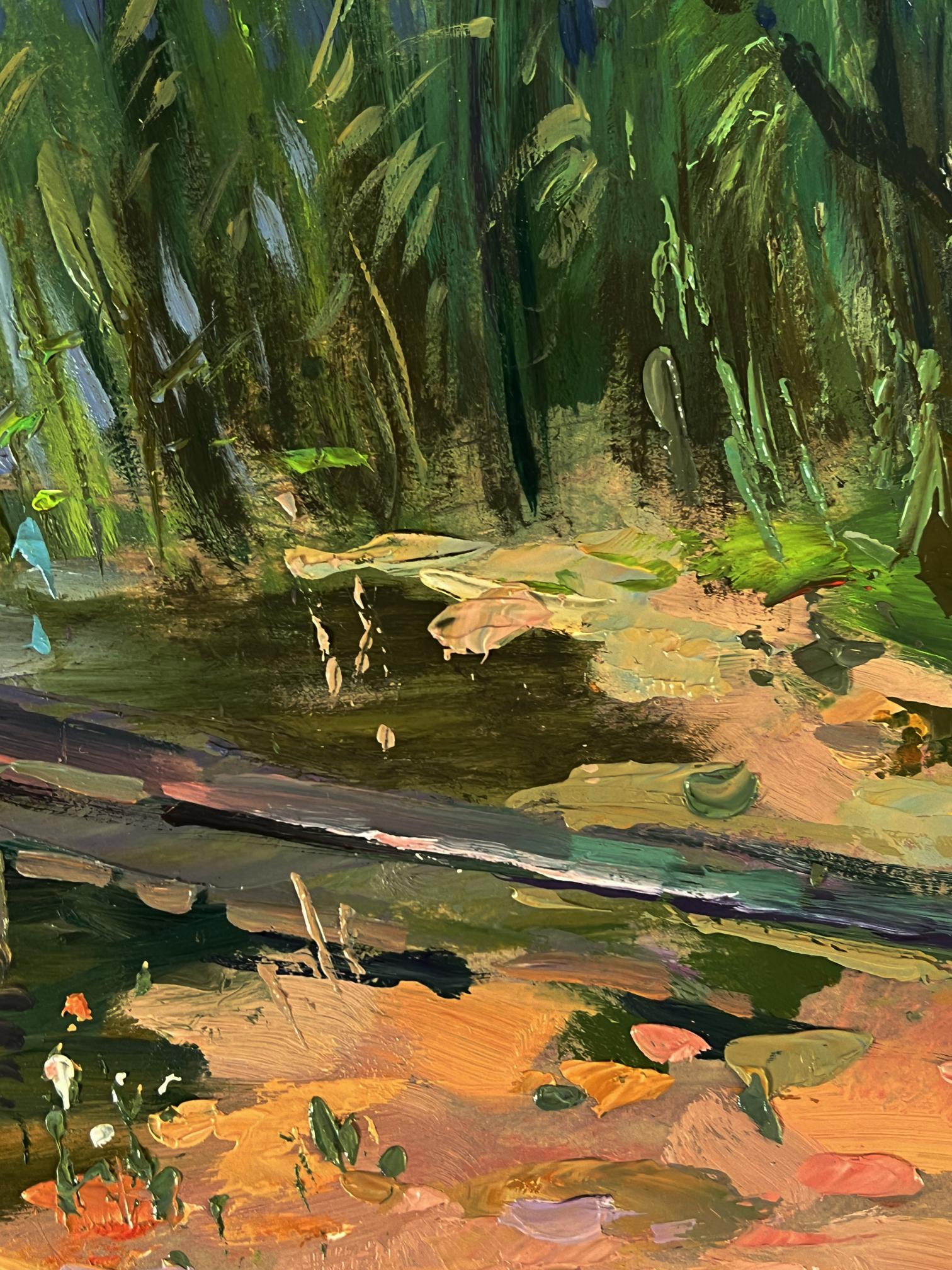 Vibrant impressionist oil painting of girls by pond with reeds by Yuriy Suprunchuk
