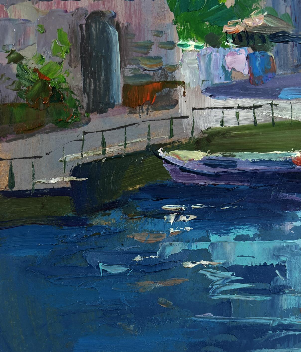 Oil painting by Yuriy Suprunchuk: purple boat under painted bridge on blue sea
