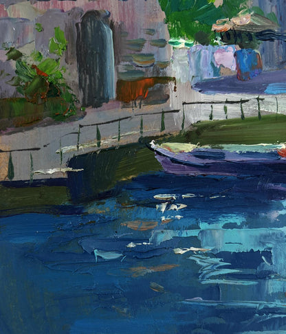 Oil painting by Yuriy Suprunchuk: purple boat under painted bridge on blue sea
