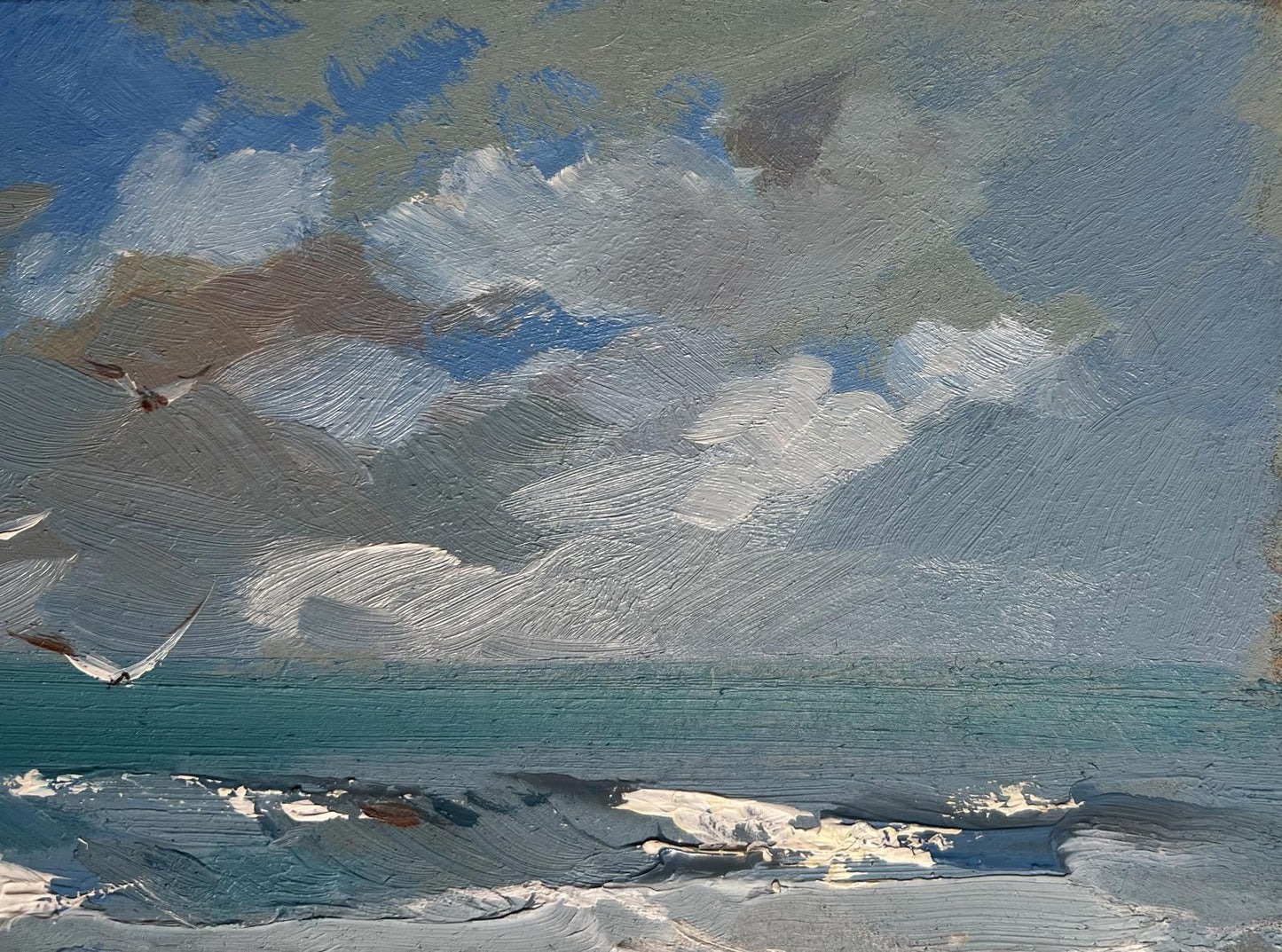 Oil painting of seagulls on seashore by Yuriy Suprunchuk with swirling sky and sea