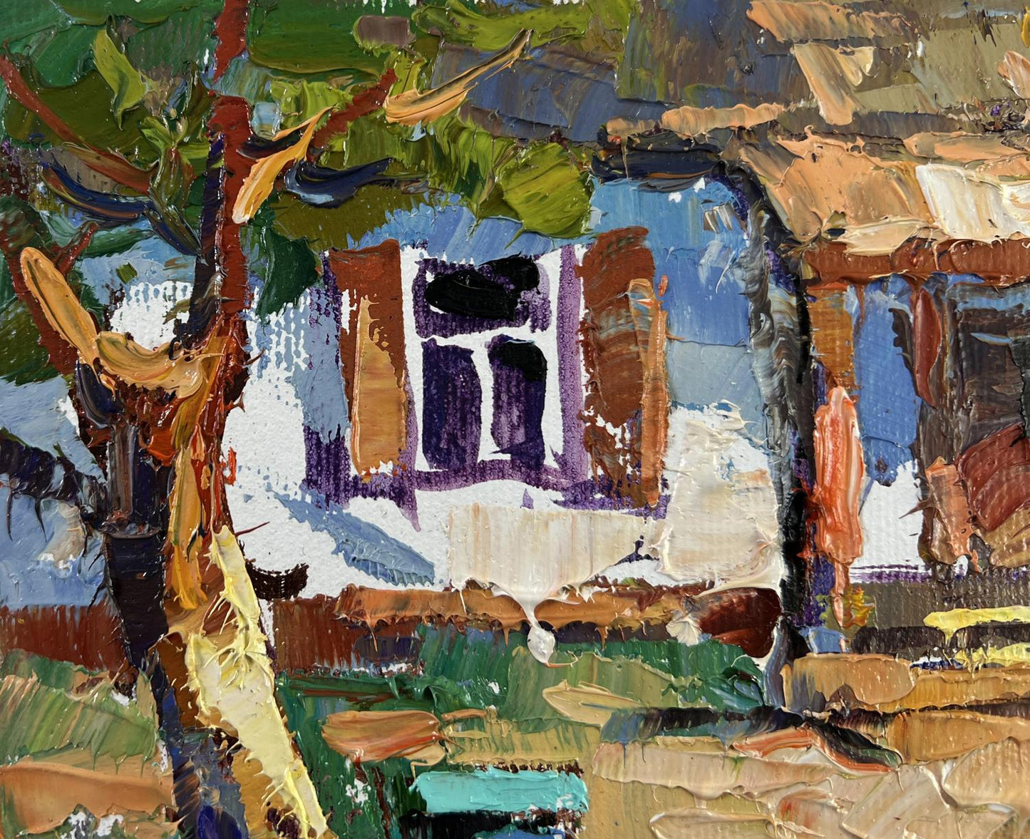 Oil painting Apiary in the Yard by Oksana Ivanyuk with white house