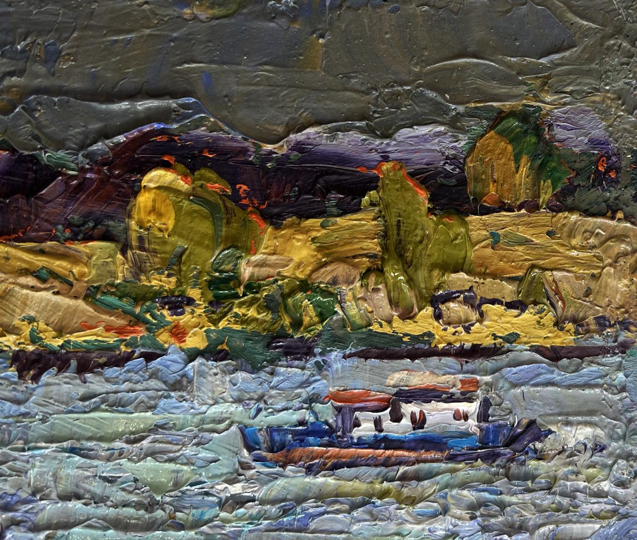Oil painting Sailing on the River by Oleksiy Ivanyuk, textured boat on choppy water