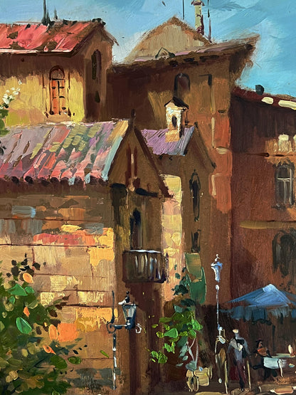Warm-toned oil painting of sunlit Venice street by Yuriy Suprunchuk