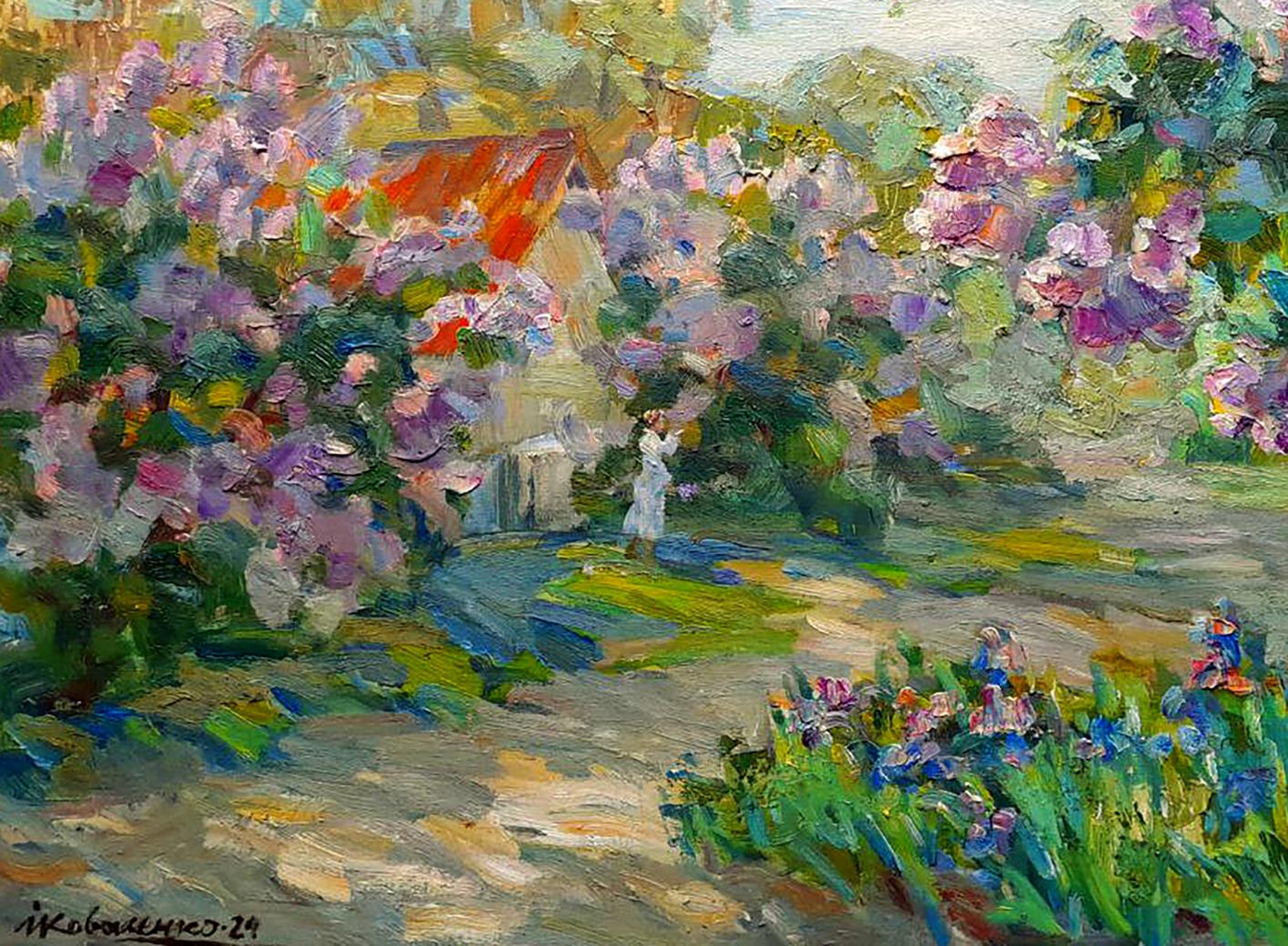 Vibrant purple pink lilac bushes frame sunlit path to rustic cottage in Oi painting by Ivan Kovalenko