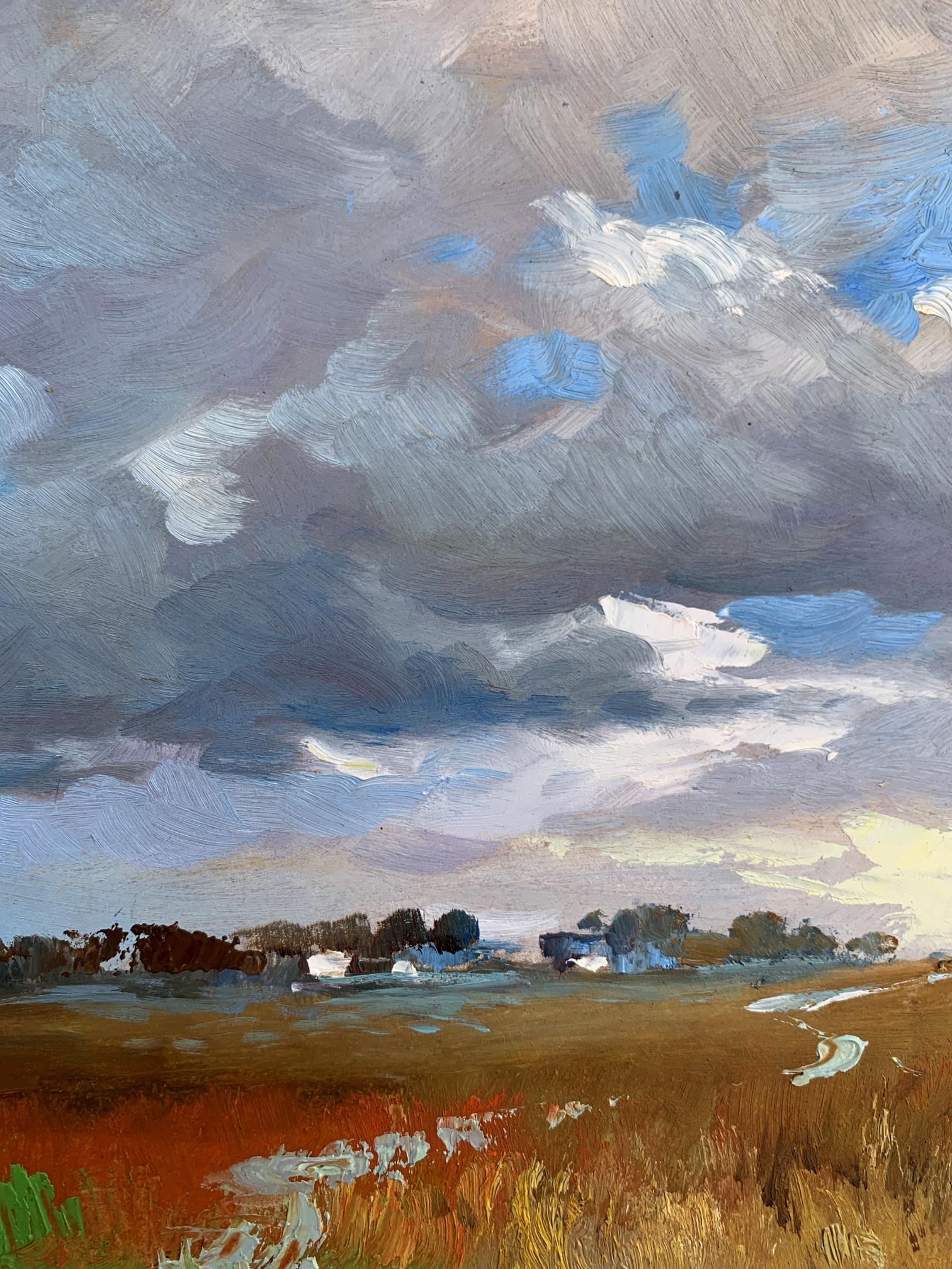 Oil painting Not far from the village by Yuriy Suprunchuk with dramatic sky