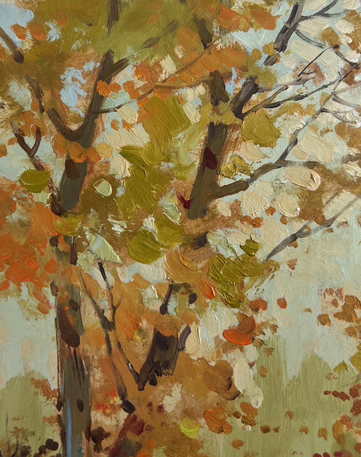 Oil painting of fallen autumn leaves in park by Yuriy Suprunchuk