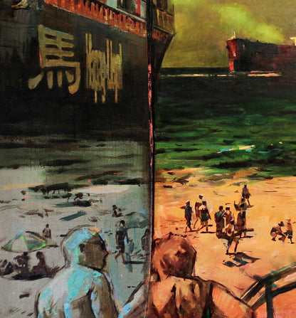 Oil painting by Assol Ed Potapenkov of dark-hulled Hong Kong cargo ship with gold Chinese characters