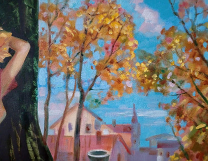 Abstract oil painting of golden autumn trees by Anatoly Tarabanov