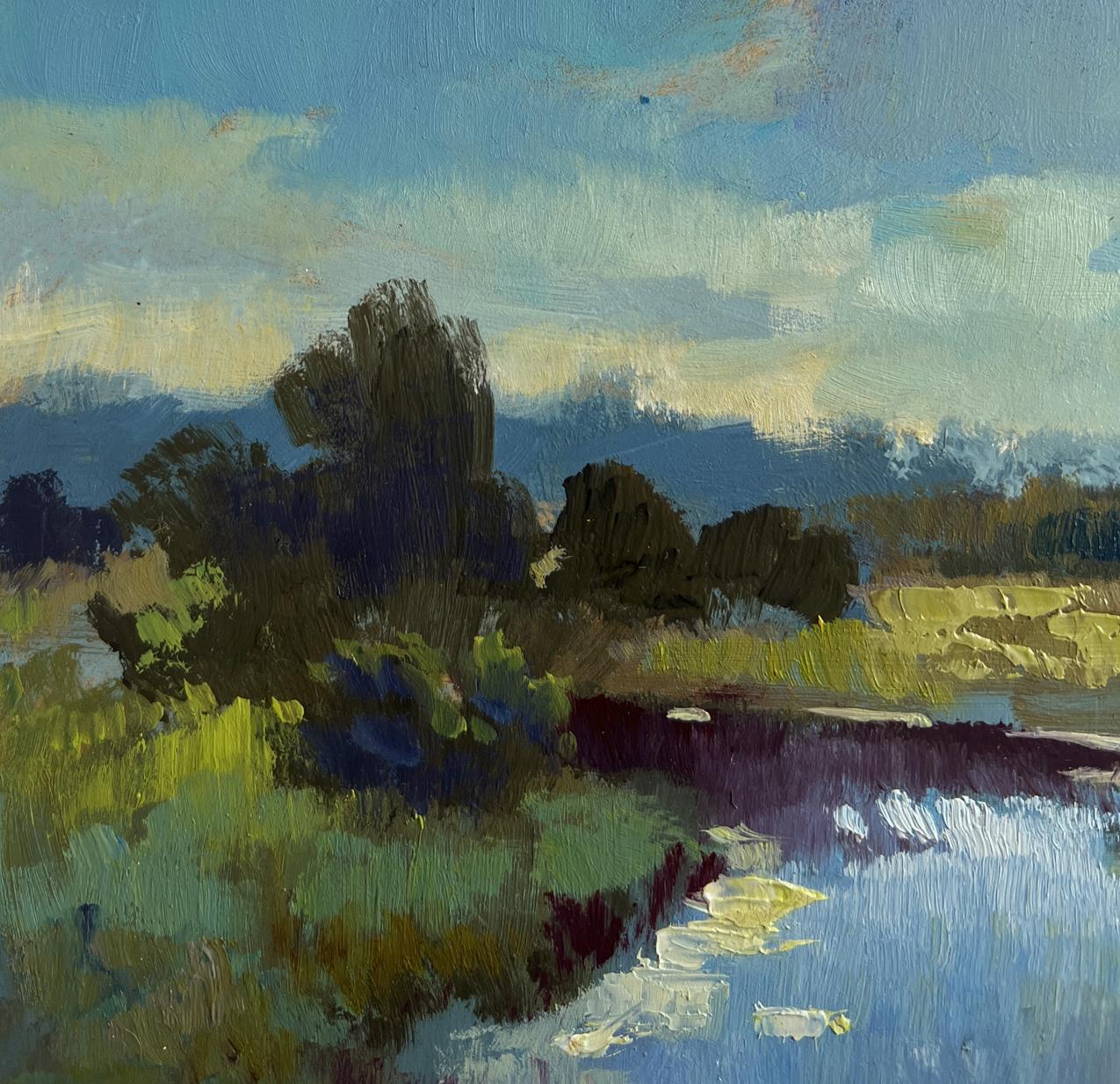 Serene impressionistic oil painting of sunset clouds over river by Yuriy Suprunchuk