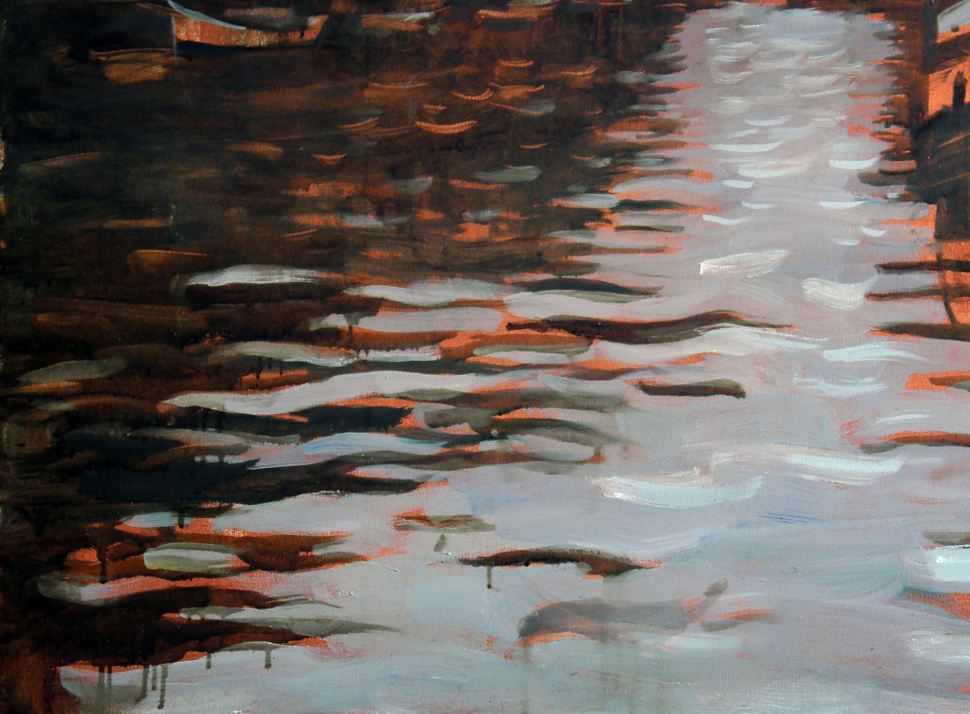 Oil painting of city river canal by Ed Potapenkov, textured in warm browns and grays