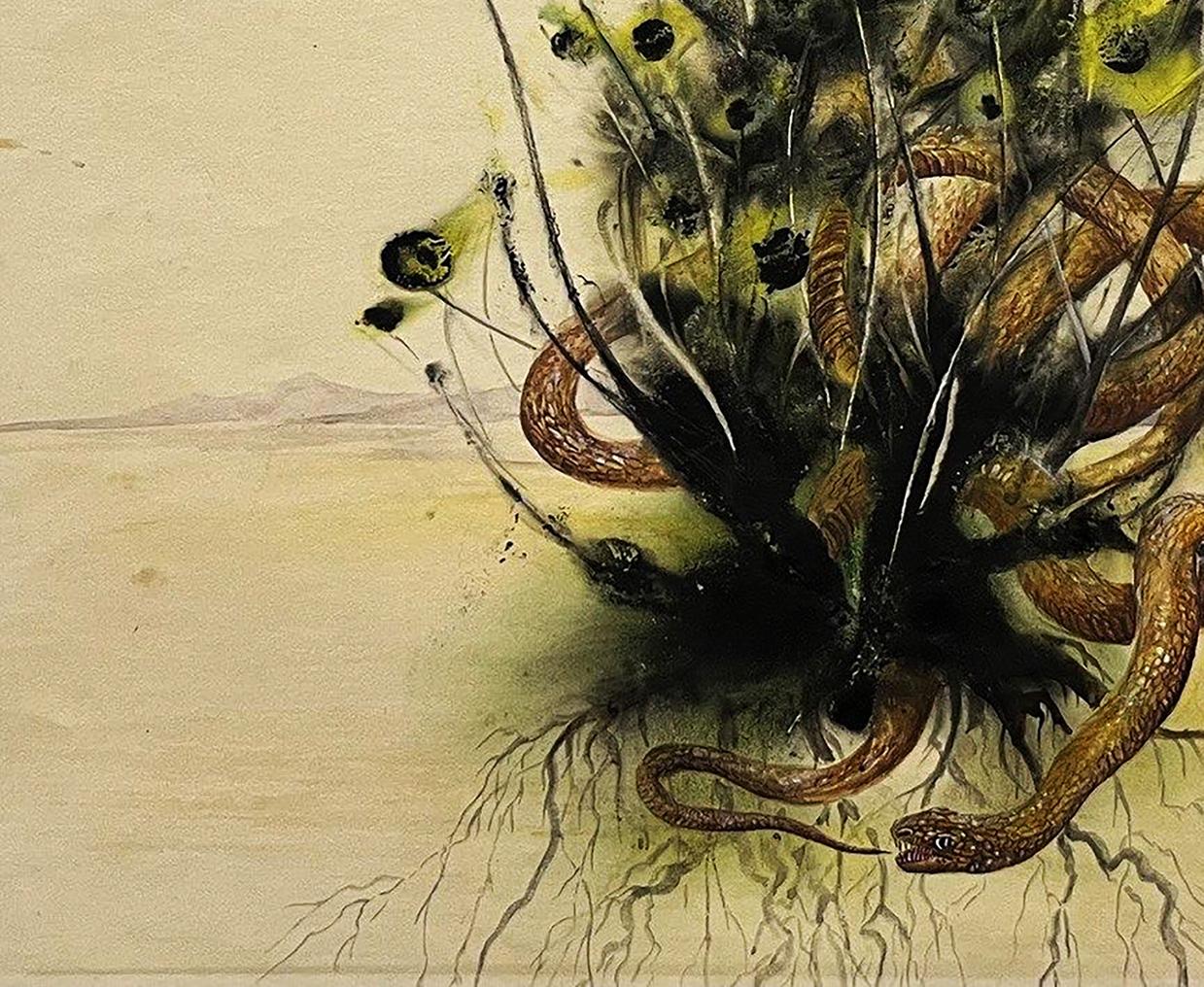 Surreal watercolor painting Desert Dwellers by Dmytro Startsev with snakes