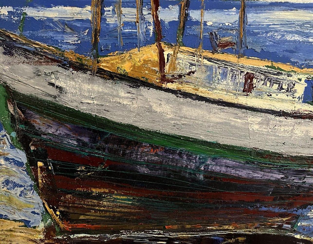 Oil painting by Serhiy Kovalev: weathered wooden boat on blue sea