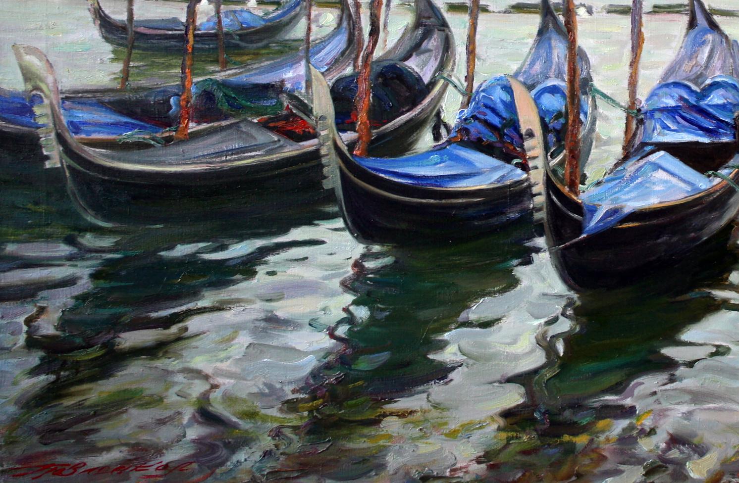 Oil painting of dark wooden gondolas by Leonid Pavlenko