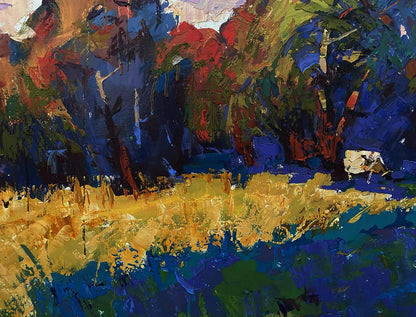 Vibrant Oleksiy Ivanyuk oil painting of walking cows in field with bold blues reds yellows