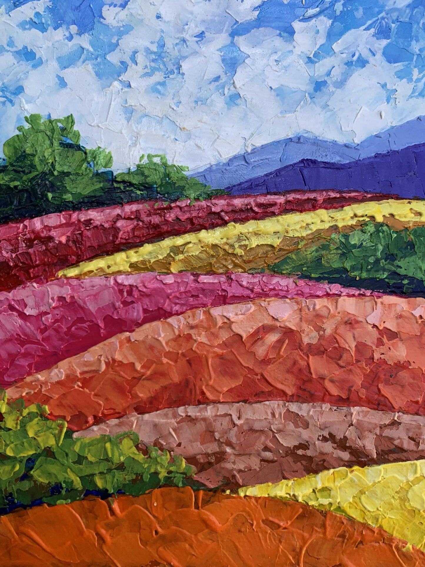 Vibrant oil painting by V. Zadorozhnya: mountains, plains in pink, yellow, green under blue sky