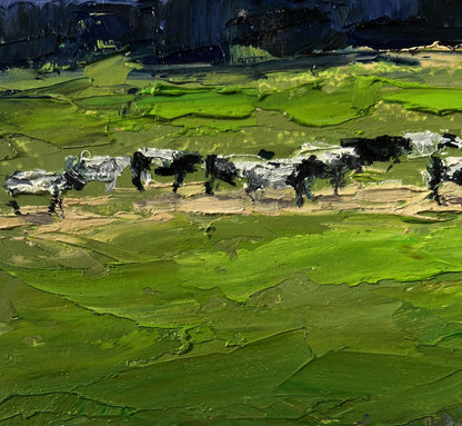Oil painting Evening field by Boris Serdyuk: cows grazing in green fields