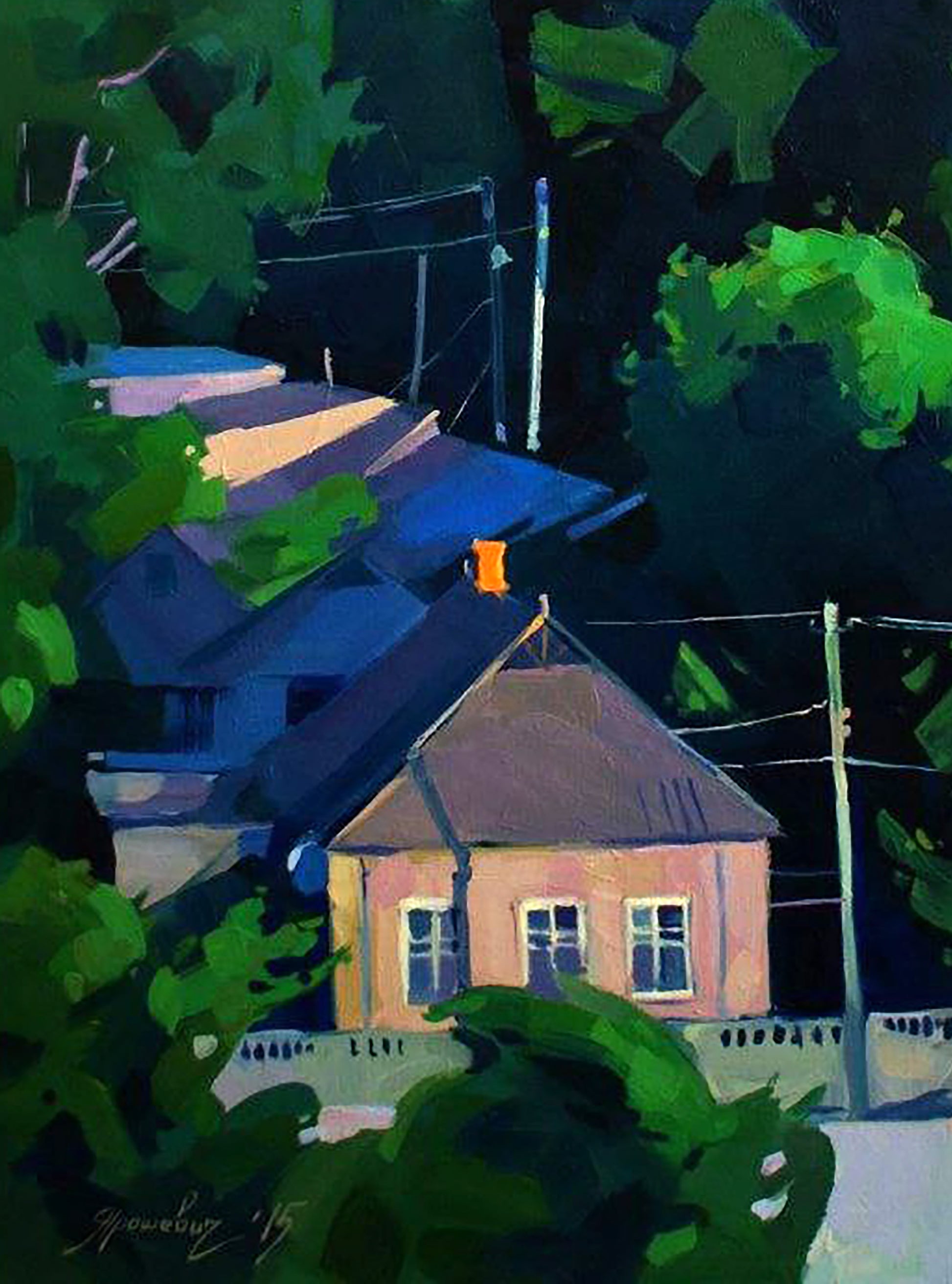 Oil painting At five in the morning by Anastasia Yaroshevich: peach house in foliage