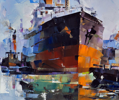 Abstract oil painting Ships at the old lighthouse by Volodymyr Gluhomanyuk
