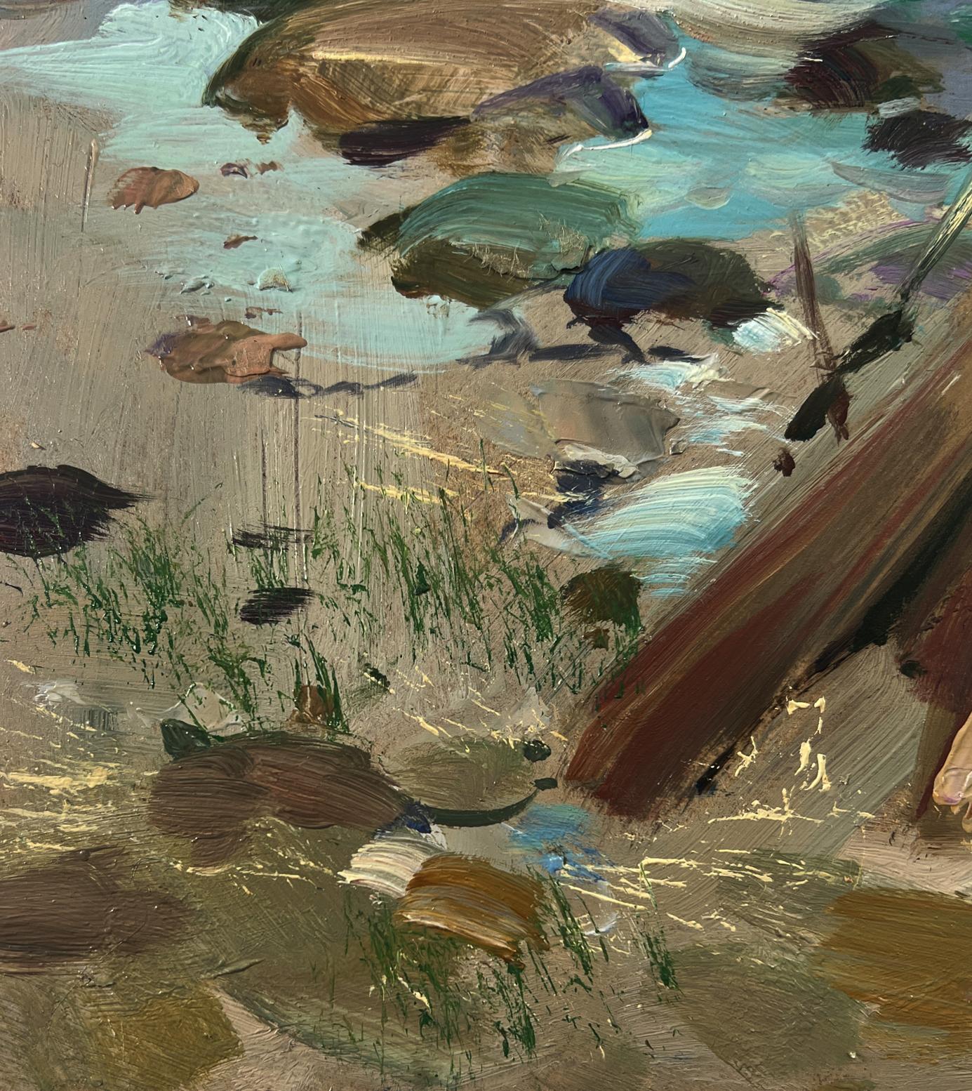 Textured impressionistic oil painting of rocky shoreline and boats on river bank by Yuriy Suprunchuk