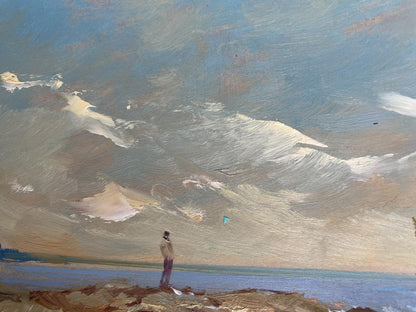 Oil painting by Yuriy Suprunchuk: solitary figure on rocky shoreline at sunset sea
